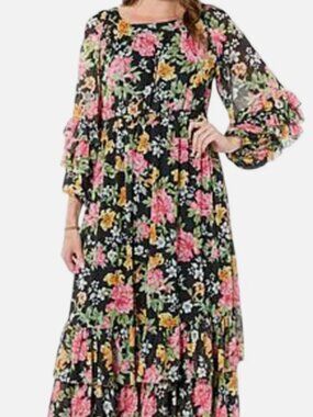 Antthony Original Women's Mesh Tiered Ruffle Maxi Dress Black Floral Size M